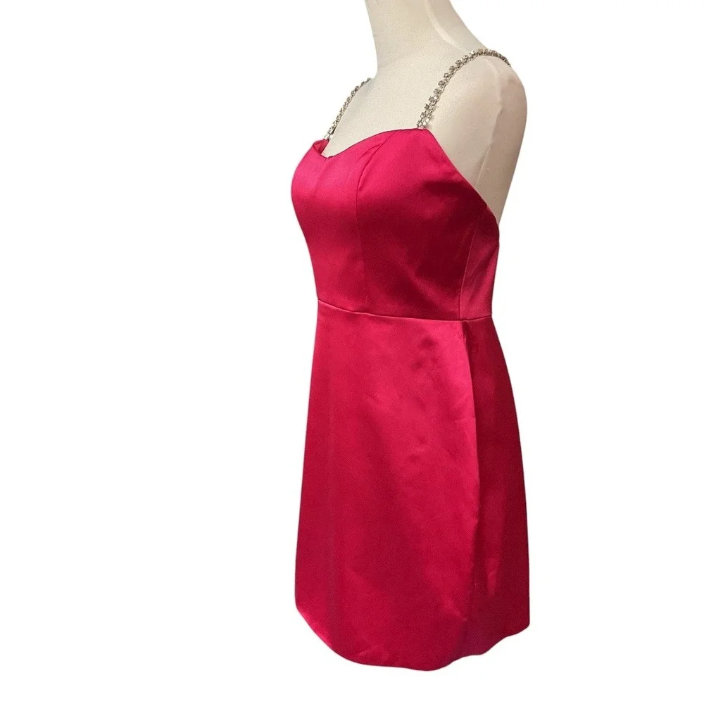 Ieena‎ For Mac Duggal Rhinestone Strap Satin Lined Back Slit Mini Dress Sz 8 NWT